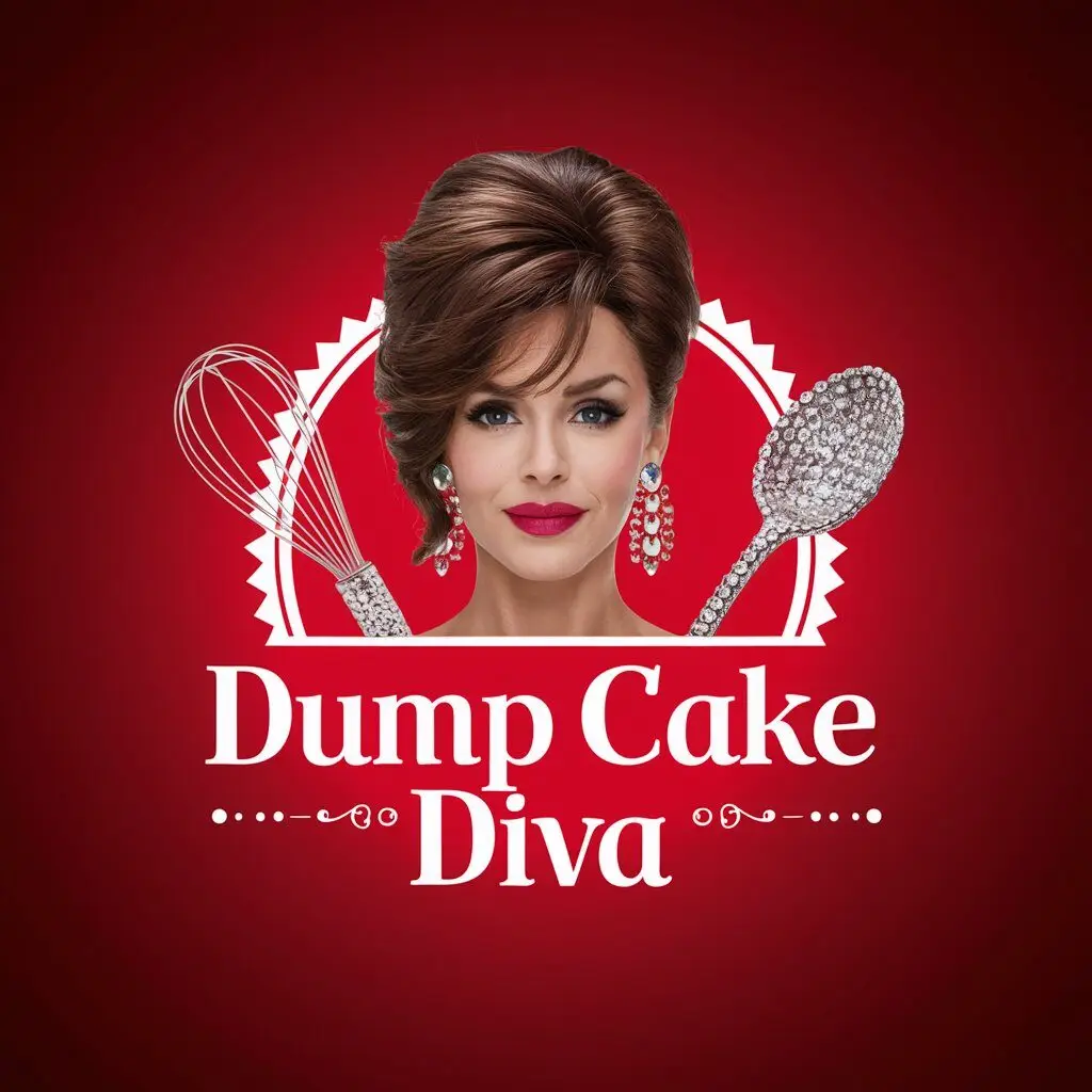 Dump Cake Diva Logo with Diva holding bejeweled baking tools